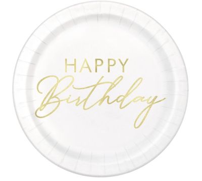 Gold “Happy Birthday” Round Dessert Plates – 7", 8ct (Foil Stamping) Gold “Happy Birthday” Round Dessert Plates – 7", 8ct (Foil Stamping)