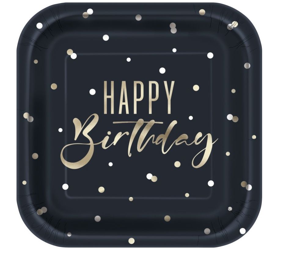 Gold “Happy Birthday” Square Dessert Plates – 7&quot;, 8ct (Foil Stamping)