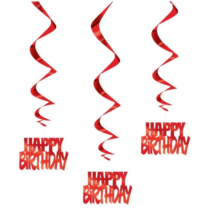 Happy Birthday Foil Hanging Swirl Decorations – 32&quot;, 3ct, Color: Red