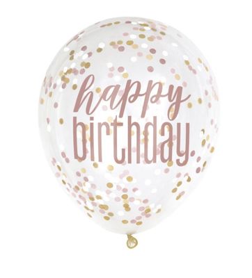 Glitz Rose Gold “Happy Birthday” Clear Latex Balloons with Confetti – 12", 6ct (Un-inflated)
