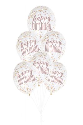 Glitz Rose Gold “Happy Birthday” Clear Latex Balloons with Confetti – 12&quot;, 6ct (Un-inflated)