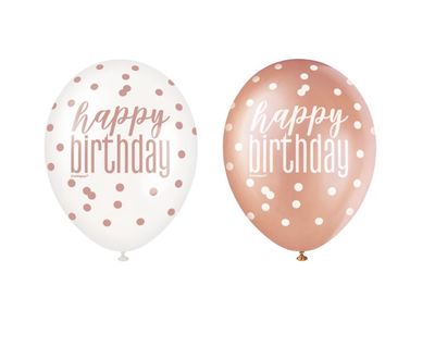 Glitz Rose Gold "Happy Birthday" Assorted 12" Latex Balloons – 6ct