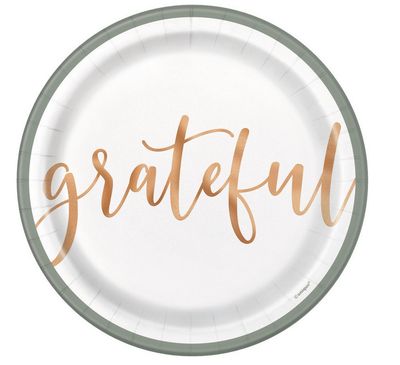 Modern Pastel Thanksgiving “Grateful” Round 7&quot; Dessert Plates 8ct – Foil Stamping