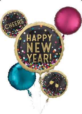 Happy New Year Colorful Confetti Balloon Bouquet 5pcs