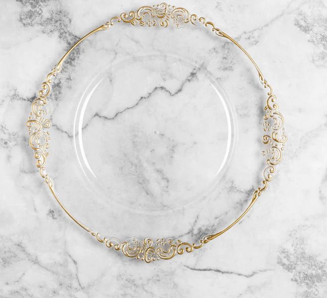 Vintage Round Clear Charger Plate – Clear with Gold Trim Design Vintage Round Clear Charger Plate – Clear with Gold Trim Design