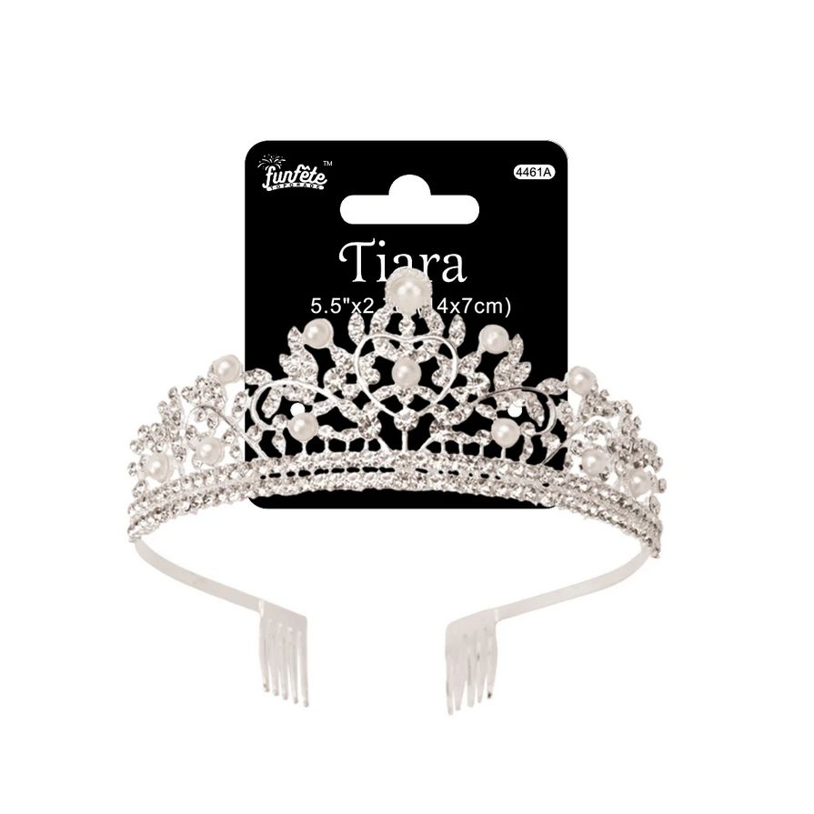 Silver Tiara with Pearls &amp; Rhinestones – 14×5 cm