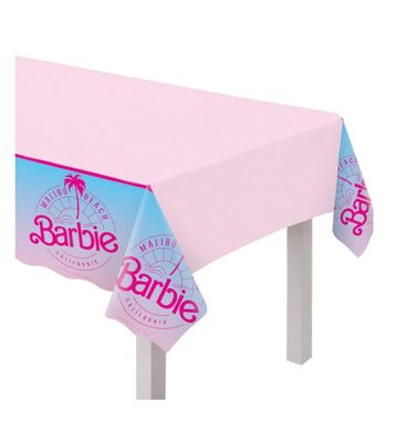 Mattel Barbie “Barbie Malibu Beach, California” Rectangle Plastic Reusable Table Cover – Pink/Blue, 54 x 96 in