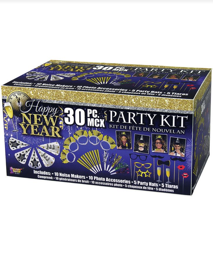 Happy New Year Party Kit – 30pcs (10 Noisemakers, 10 Photo Accessories, 5 Party Hats, 5 Tiaras)