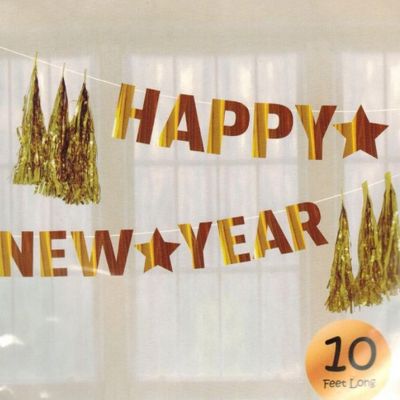 Gold Happy New Year Banner – 10 ft x 9.8&quot;, With Gold Tassels &amp; Ribbon