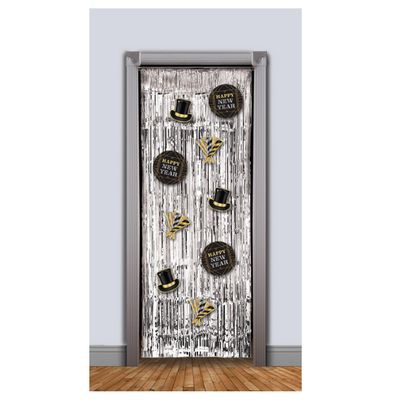 New Year’s Foil Door Curtain – 37&quot; x 96&quot;, Foil Curtain with 9 Printed Cut-Outs