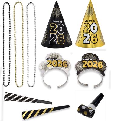 2026 New Years 4 Person Party Kit - Black, Silver, Gold 12ct