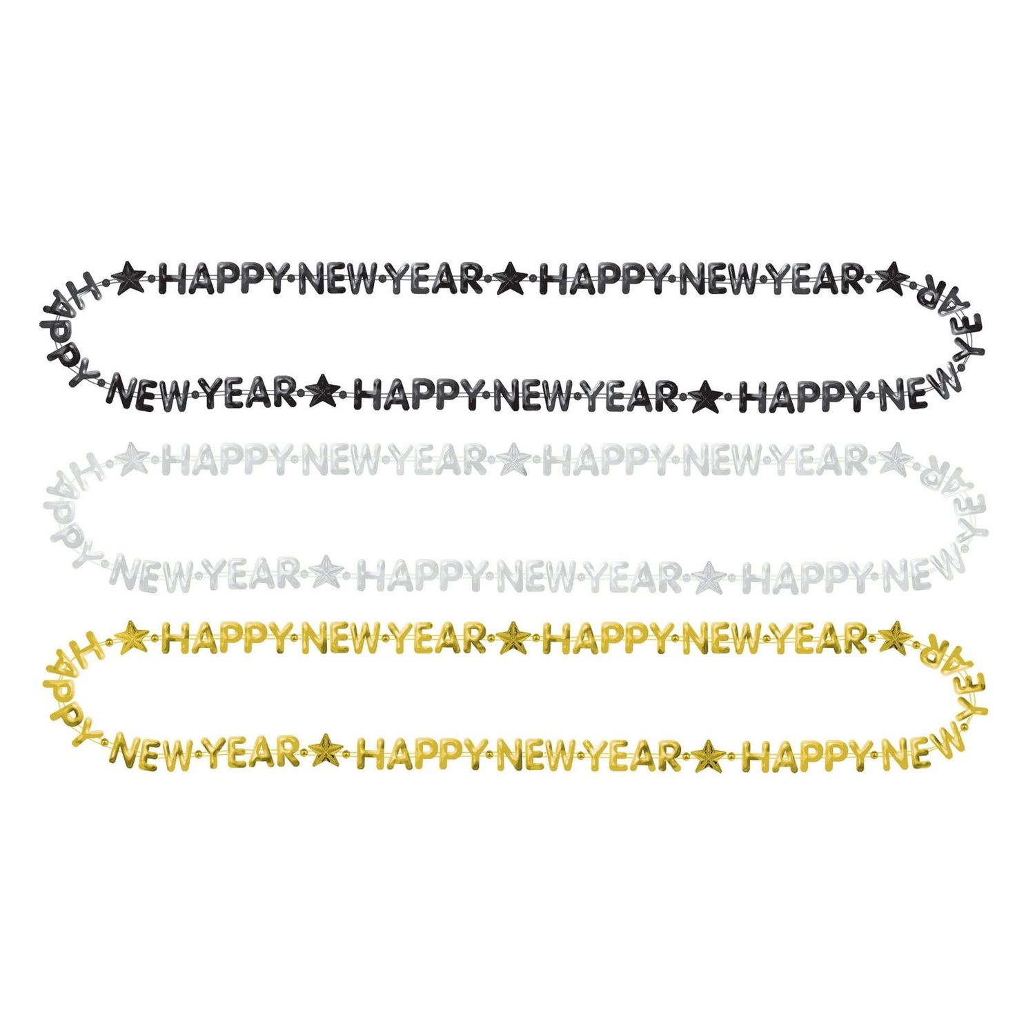 Black, Gold &amp; Silver Happy New Year Bead Necklaces 3ct