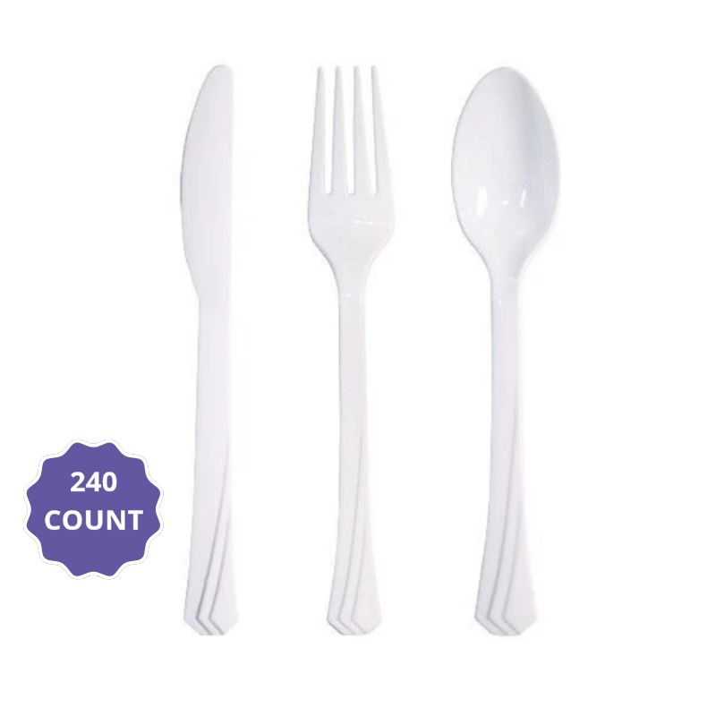 White Heavyweight Disposable Cutlery Combo Box – 240 pcs (80 Forks, 80 Spoons, 80 Knives)