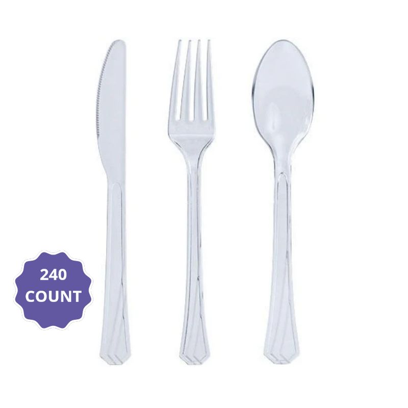 Clear Heavyweight Disposable Cutlery Combo Box – 240 pcs (80 Forks, 80 Spoons, 80 Knives)