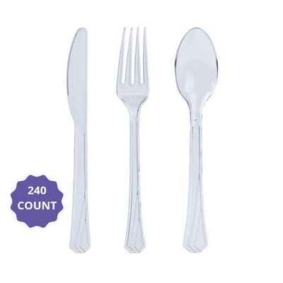 Clear Heavyweight Disposable Cutlery Combo Box – 240 pcs (80 Forks, 80 Spoons, 80 Knives)