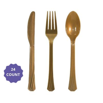 Deluxe Plastic Cutlery Combo – Gold, 24ct( 8 Forks, 8 Knives,  and Spoons)