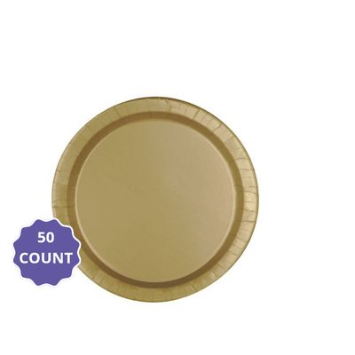 Gold Solid Round 7&quot; Dessert Paper Plates – 50 Count