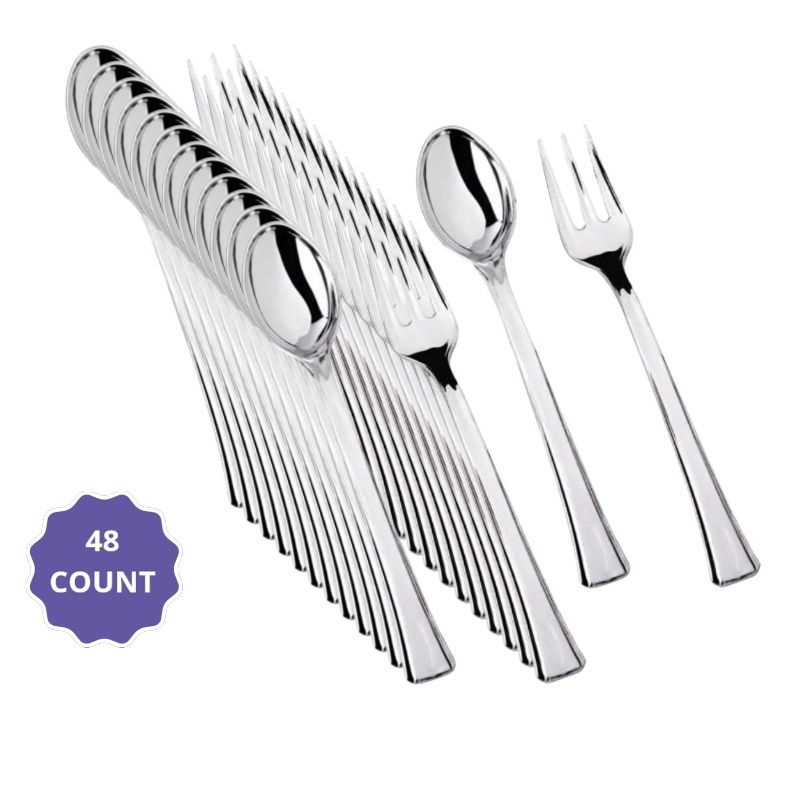 Metallic Silver Polished Plastic Mini Forks &amp; Spoons – 48ct (24 Forks + 24 Spoons)