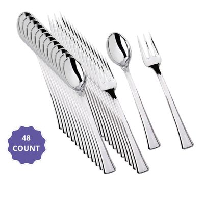 Metallic Silver Polished Plastic Mini Forks &amp; Spoons – 48ct (24 Forks + 24 Spoons)