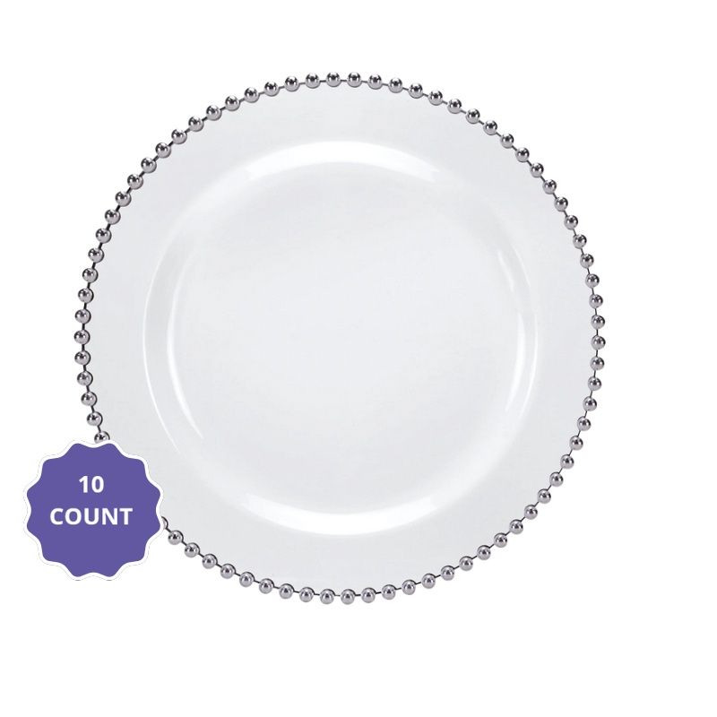10.25" Beaded Rim Premium Clear Plastic Round Plates – 10 ct, Color: Silver