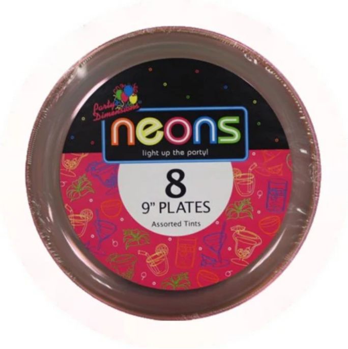 Neon  9Inch  Plastic Plates – Assorted Colors, 8 ct