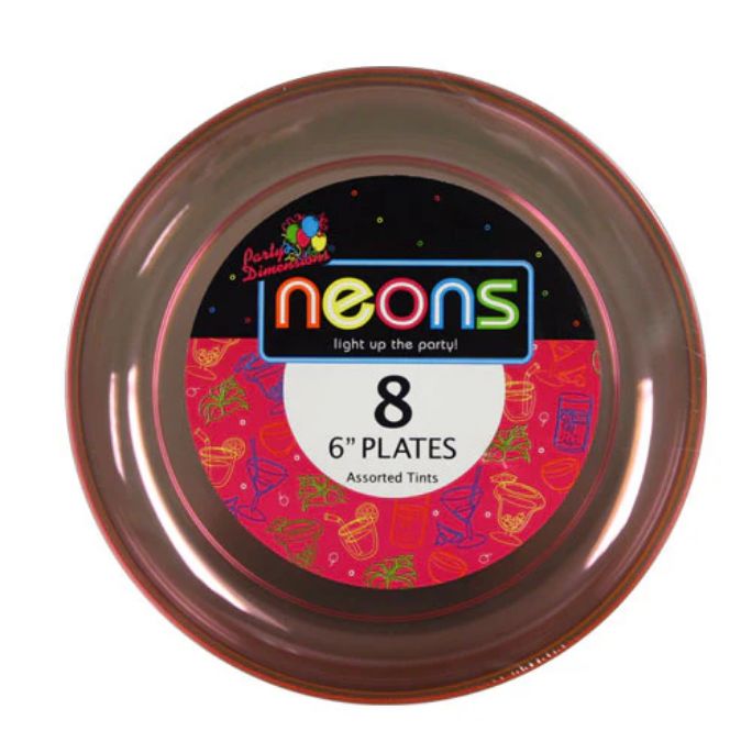 6" Plastic Plates – Neon Assorted Colors, 8 ct