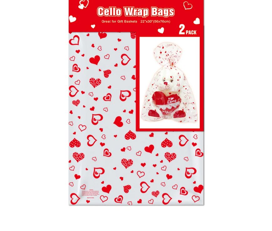 Valentine’s Day Cello Basket Wrap Bags – Red Heart Prints, 22" x 30" (2ct)
