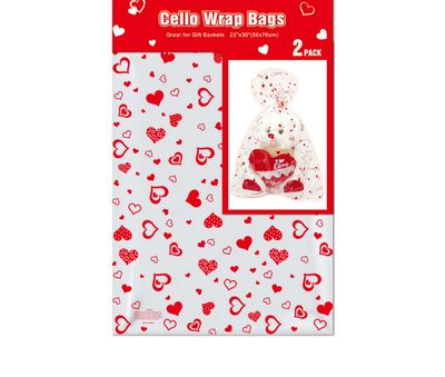 Valentine’s Day Cello Basket Wrap Bags – Red Heart Prints, 22" x 30" (2ct)