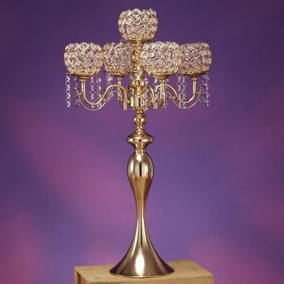 5 ARM METAL CANDELABRA W CRYSTAL 28” x 16”