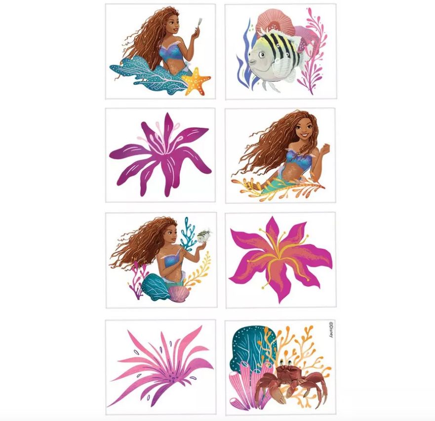 The Little Mermaid Temporary Tattoos, 1 Sheet, 8 Tattoos - Movie 2023