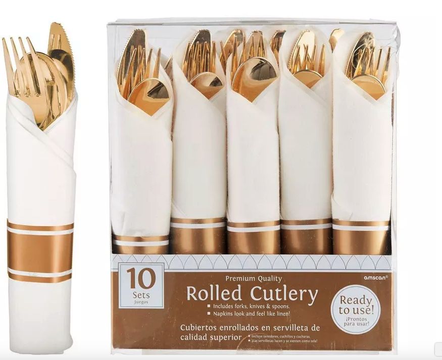 Rolled Metallic Silver Premium Plastic Cutlery Sets, 10ct, Color: Gold