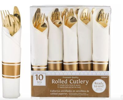 Rolled Metallic Silver Premium Plastic Cutlery Sets, 10ct