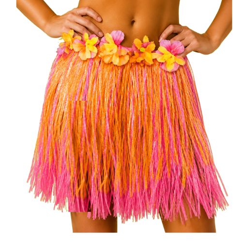 Adult Pink &amp; Orange Two-Tone Grass Skirt with Adjustable Tie Waistband – X-Large