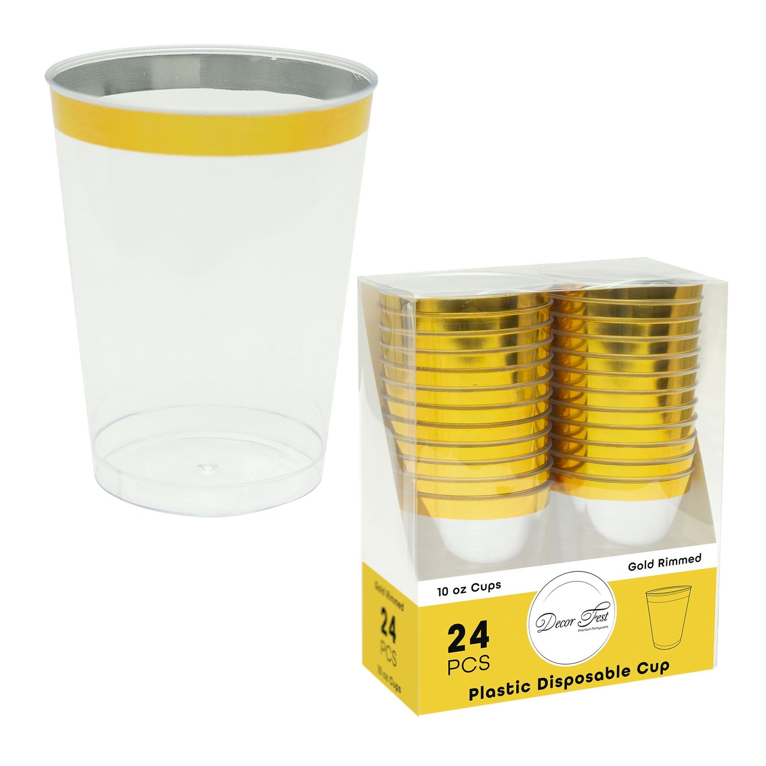 Plastic Disposable Cups with Color Rim 10oz 24pc/pack, Colour: Gold