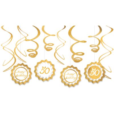 Metallic Golden Age 50th Birthday Paper Fans &amp; Swirl Decorations, 12pc