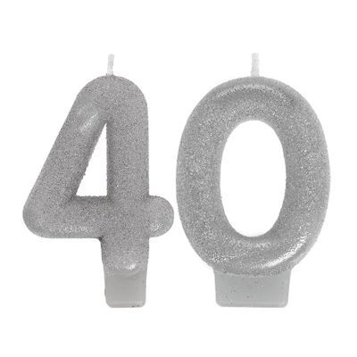 Glitter Silver Number 40 Birthday Candles 2ct