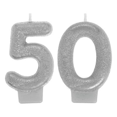 Glitter Silver Number 50 Birthday Candles 2ct