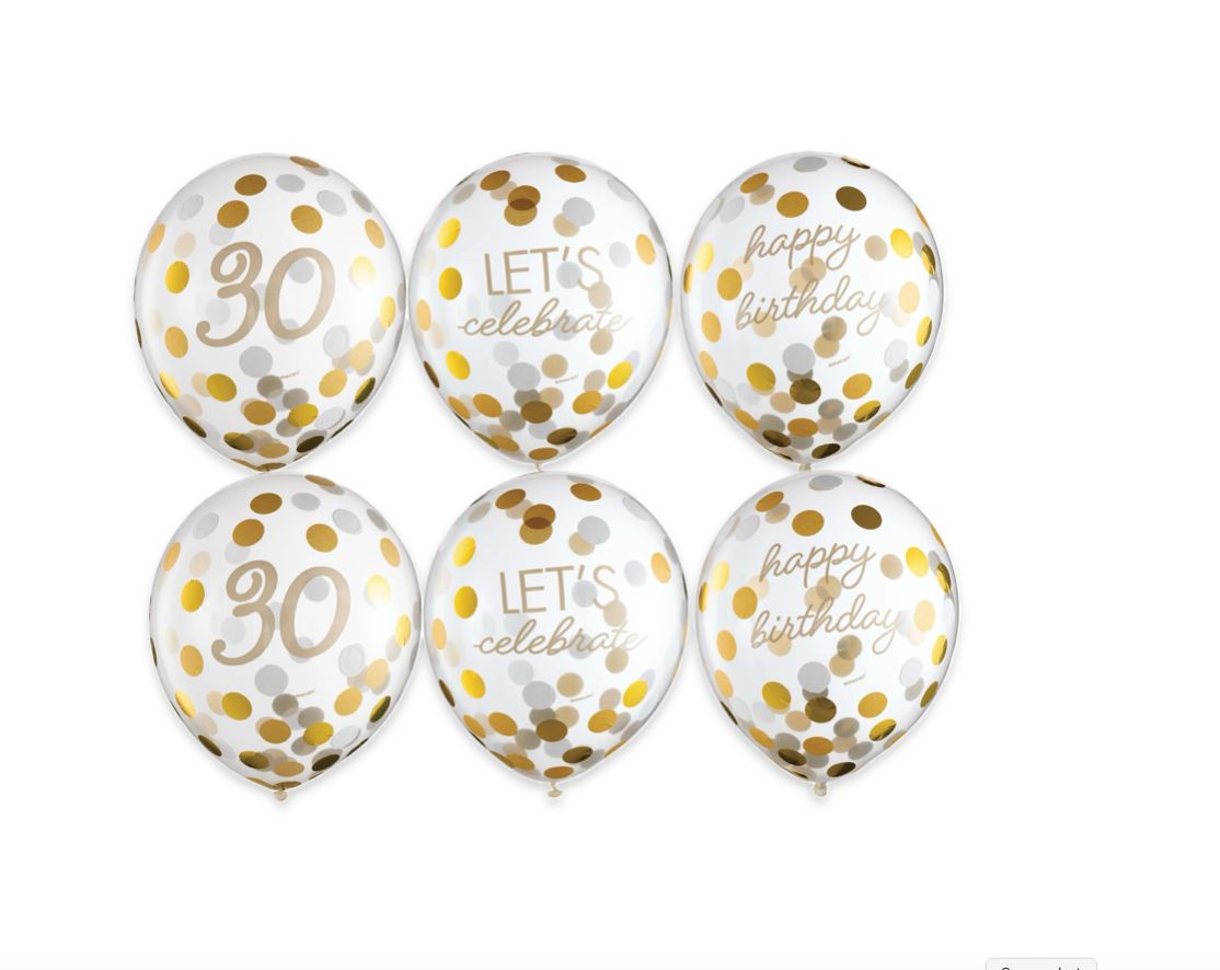 6ct, 12in, Metallic Golden Age 30th Birthday Latex Confetti Balloons  6CT