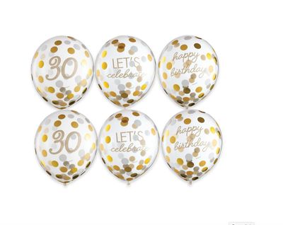 6ct, 12in, Metallic Golden Age 30th Birthday Latex Confetti Balloons  6CT