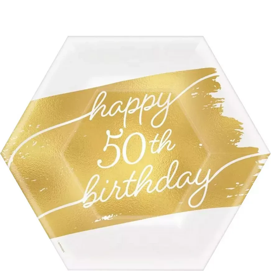 Metallic Golden Age Happy 50th Birthday Hexagonal Paper Dessert Plate, 7in, 8ct