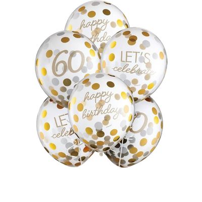 6ct, 12in, Metallic Golden Age 60th Birthday Latex Confetti Balloons