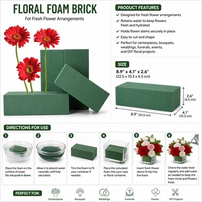 Floral Foam Brick for Fresh Flowers 8.9" x 4.1" x 2.6" | Green Wet Floral Foam