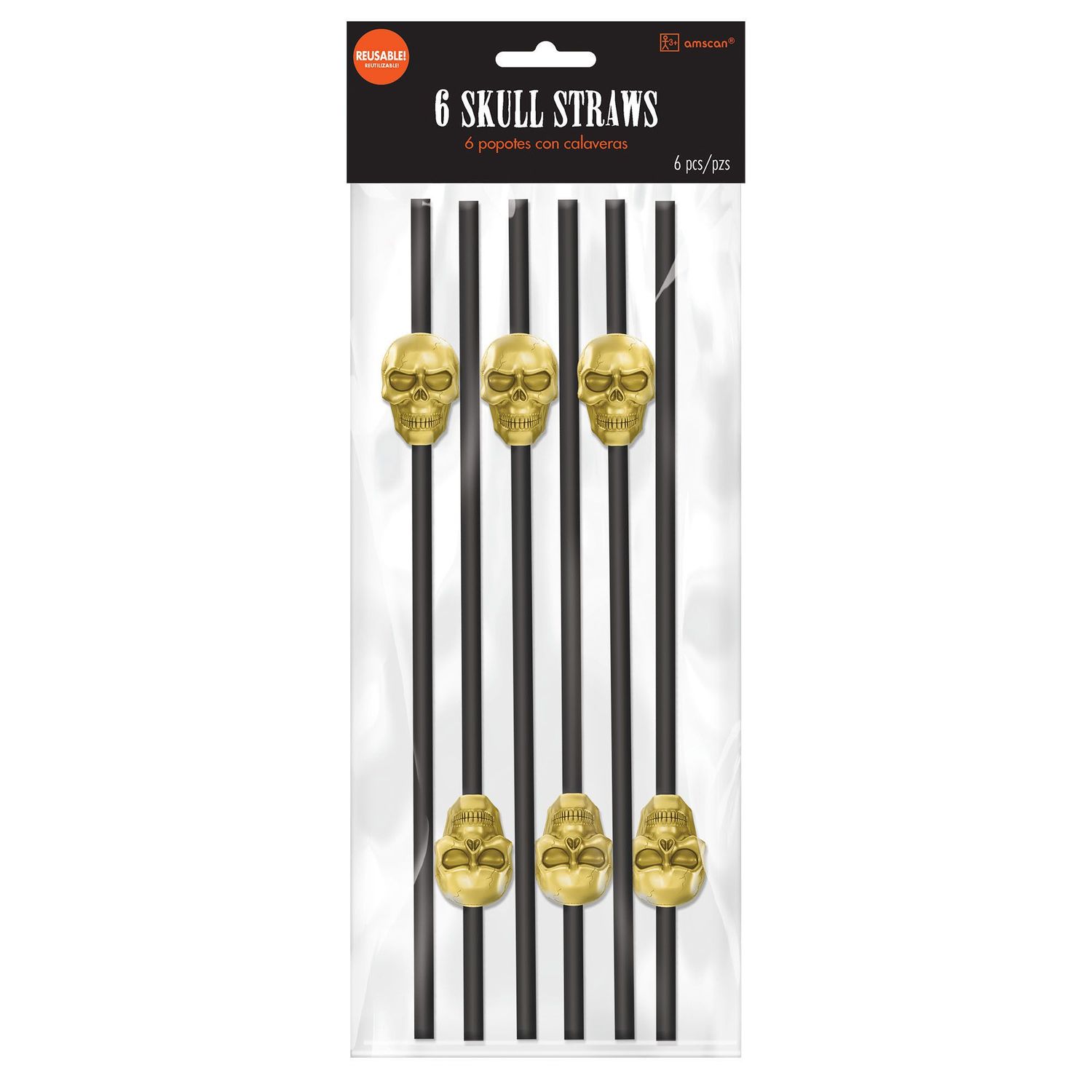 Black &amp; Metallic Gold Skull Straws 6ct