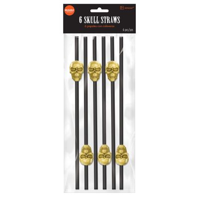 Black &amp; Metallic Gold Skull Straws 6ct