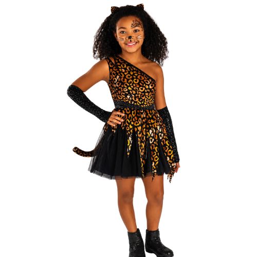 Leopard Girl Costume 5-Piece Set with Dress, Headband, Glovelets &amp; Detachable Tail, Size: S