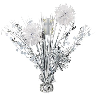Silver My First Communion Tinsel Burst Centerpiece, 18in