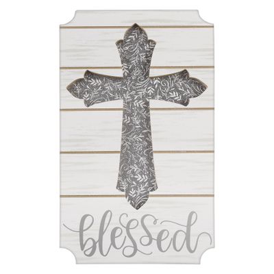 Glitter Silver Blessed Cross Easel Sign