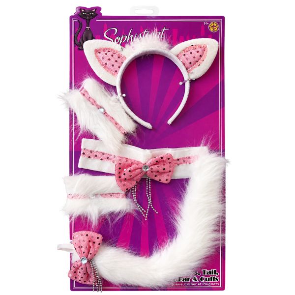 White &amp; Pink Cat Costume Accessory Set – Ears, Tail, Collar &amp; Cuffs
