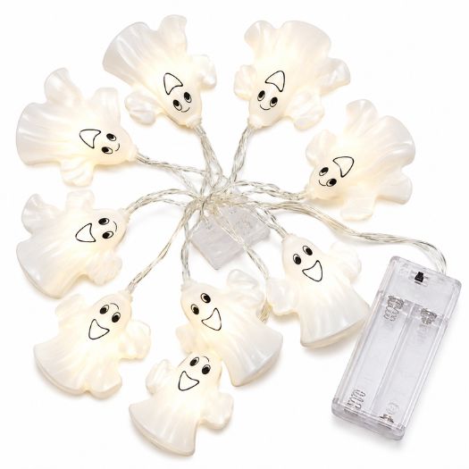 LED Ghost String Lights – 10 White Ghost LED Lights, 6 Ft Battery Operated Halloween Decoration (1 Set)