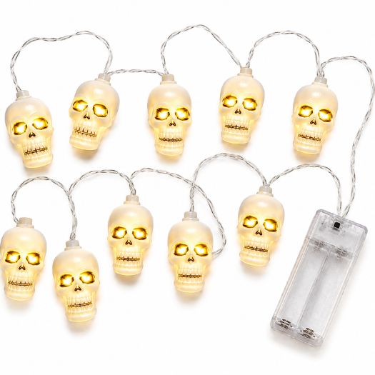LED Skull String Lights – 10 White Skull Lights, Battery Operated Halloween Decoration (1 Set)